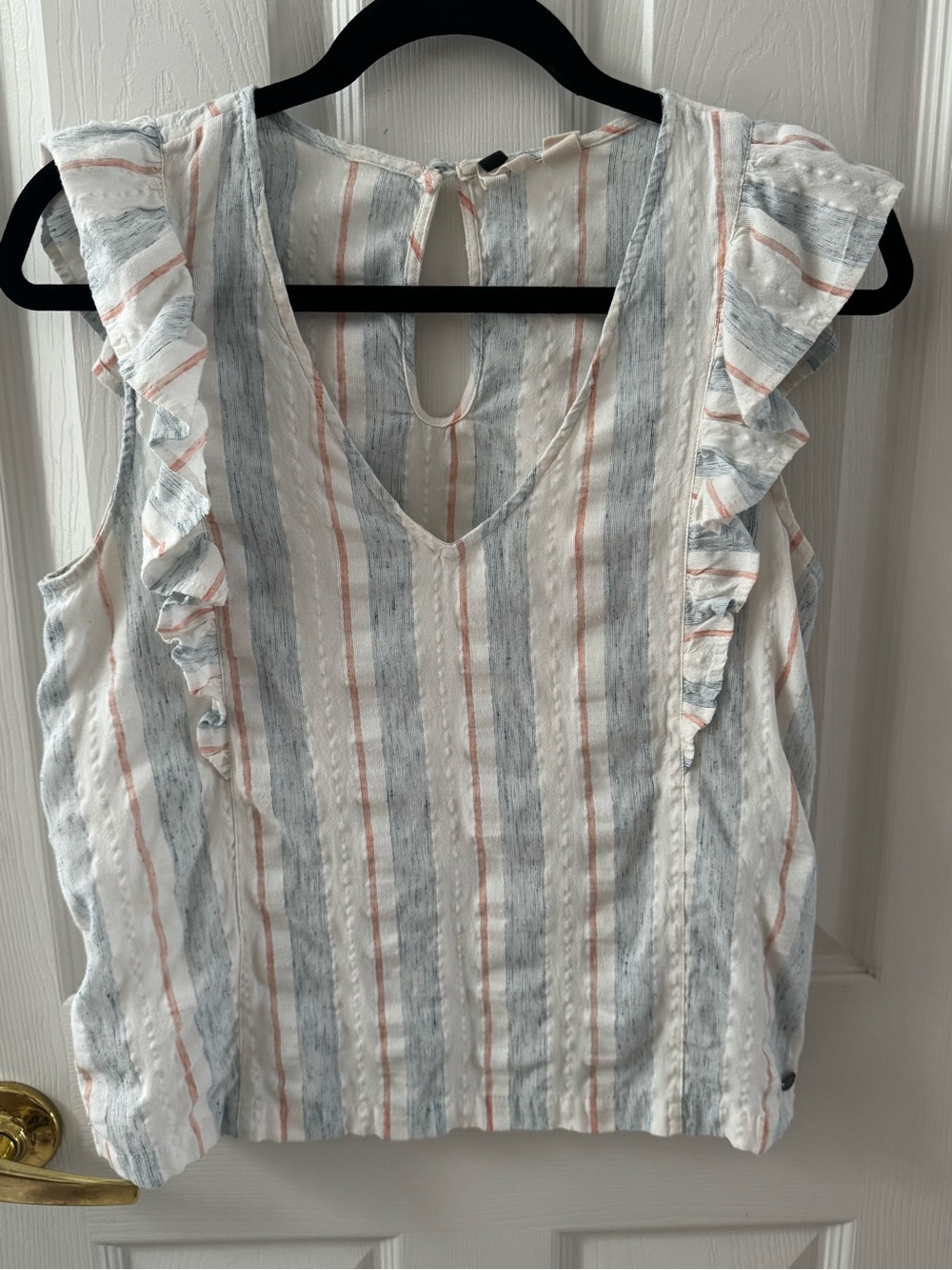 Roxy Striped V-Neck Ruffle Sleeve Top - Blue & Pink
